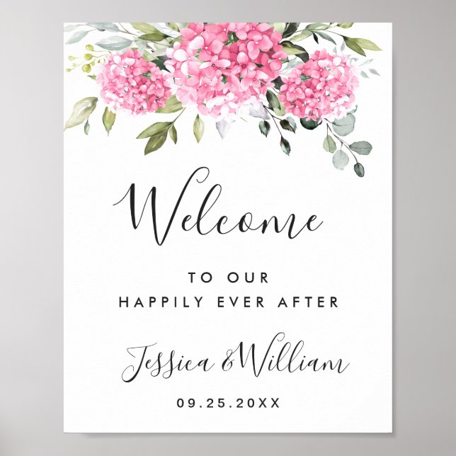 Elegant Pink Hydrangea Eucalyptus Wedding Welcome Poster (Front)