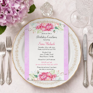 Elegant Pink Hydrangea Floral Birthday Luncheon Invitation