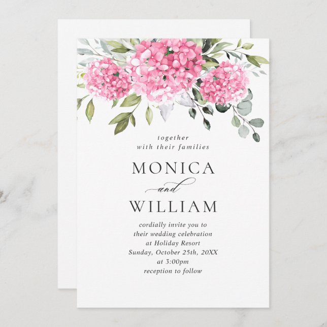 Elegant Pink Hydrangea Floral Wedding All In One Invitation (Front/Back)