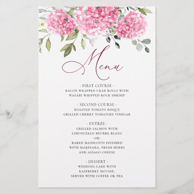 Elegant Pink Hydrangea Floral Wedding Dinner Menu (Front)