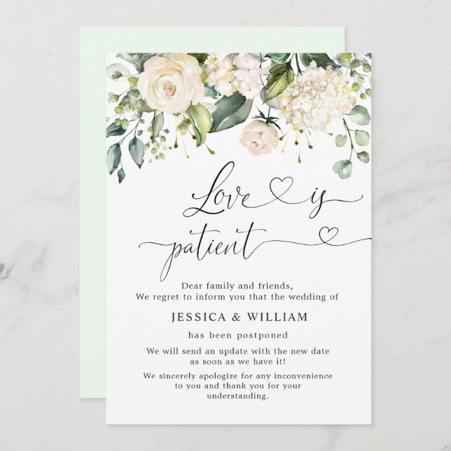 Elegant Pink Hydrangea Roses Postponed Invitation (Front/Back)