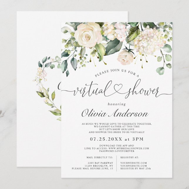 Elegant Pink Hydrangea Roses virtual Bridal Shower Invitation (Front/Back)