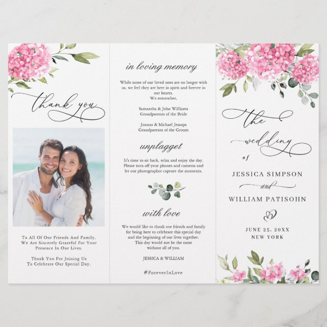 Elegant Pink Hydrangea Wedding Ceremony Program (Front)