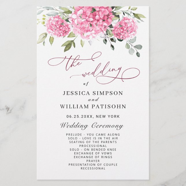 Elegant Pink Hydrangea Wedding Ceremony Program (Front)