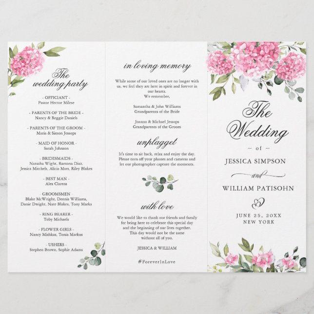 Elegant Pink Hydrangea Wedding Ceremony Program (Front)