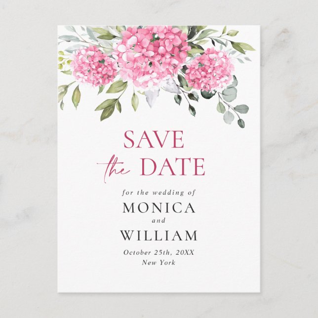 Elegant Pink Hydrangea Wedding Save the Date Postcard (Front)