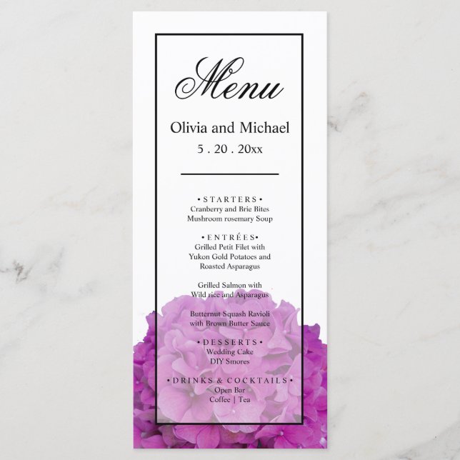 Elegant pink hydrangeas florals Wedding Menu (Front)