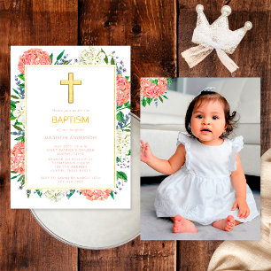 Elegant Pink Hydrangeas Gold Cross Photo Baptism Invitation