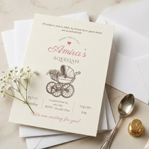 Elegant Pink Islamic Aqiqah Vintage Baby Carriage  Invitation