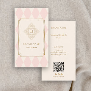 Elegant Pink Ivory Diamond Gold Frame Monogram Business Card