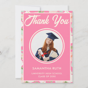 Elegant Pink Ivory Floral Photo Graduation Thank You Card