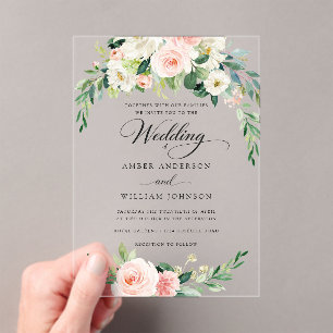 Elegant Pink Ivory Floral Wreath Wedding Acrylic Invitations