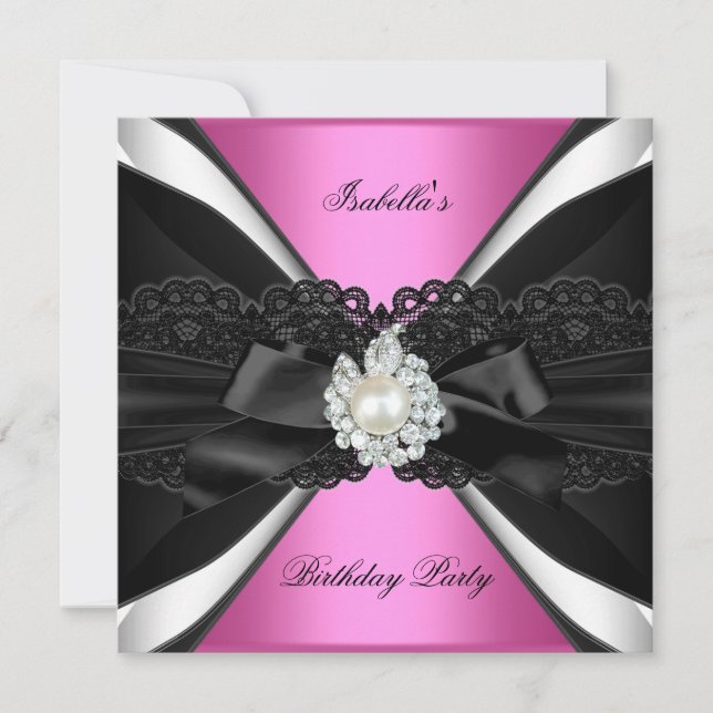 Elegant Pink Jewel Black White Birthday Party Invitation (Front)