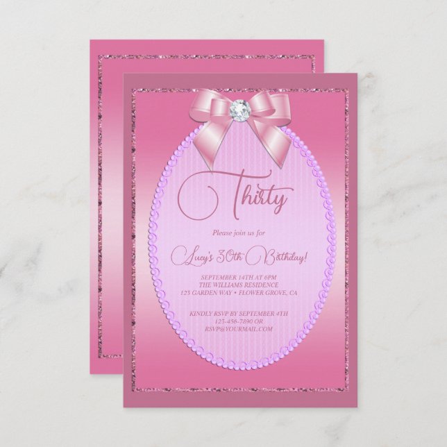 Elegant Pink Jewel Diamond Bow Birthday Invitation (Front/Back)