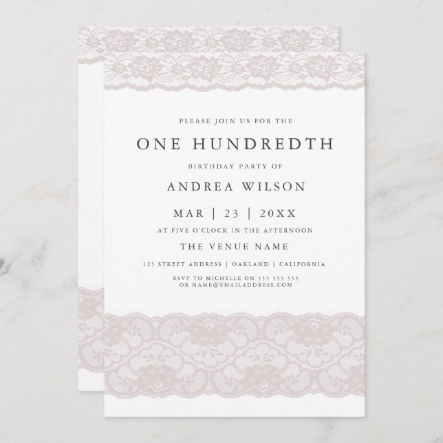 Elegant Pink Lace 100th birthday Party Invite (Front/Back)