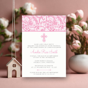 Elegant Pink Lace Girls Christening Invitation