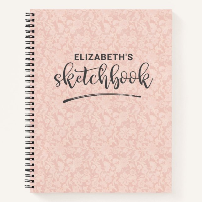 Elegant Pink Lace Sketchbook With Name Notebook (Front)