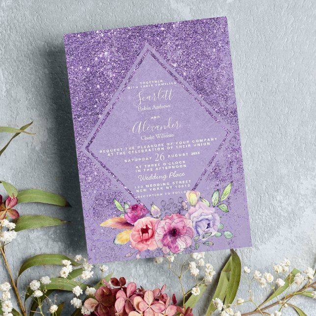  Elegant pink lavender glitter floral Wedding  Invitation (Elegant pink lavender glitter floral Wedding )