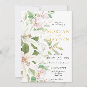 Elegant Pink Lili   Ivory Rose Floral Wedding Invitation