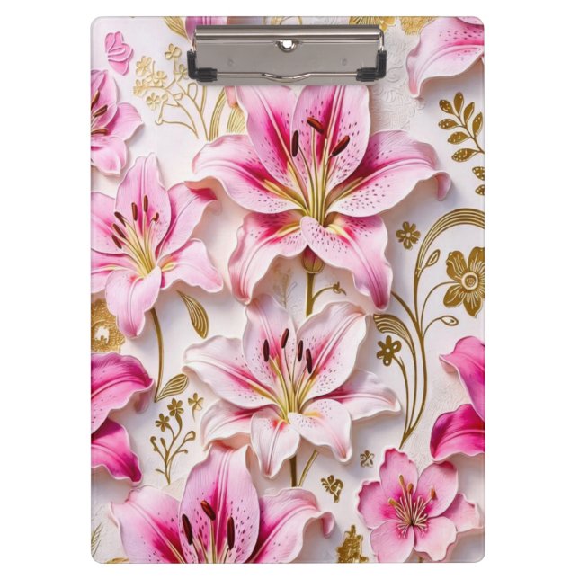 Elegant Pink Lilies with Golden Botanical Accents Clipboard (Front)