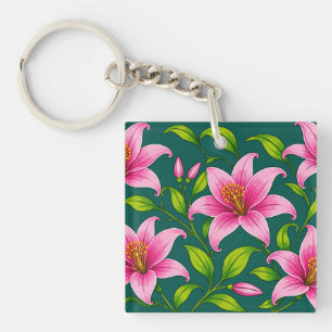 Elegant Pink Lily Floral with Green Foliage Key Ring