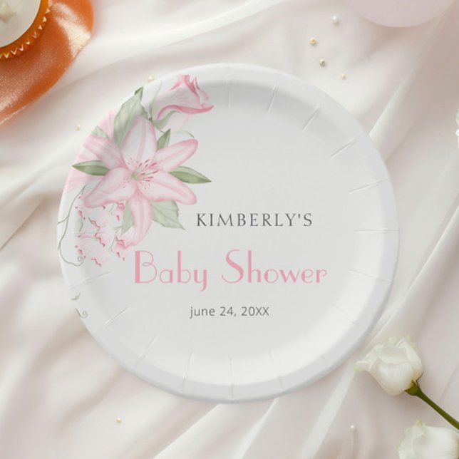 Elegant Pink Lily Green Leaves Baby Shower Paper Plate (Creator Uploaded)