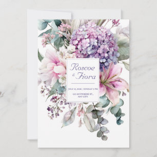Elegant Pink Lily Purple Hydrangea Watercolor Invitation