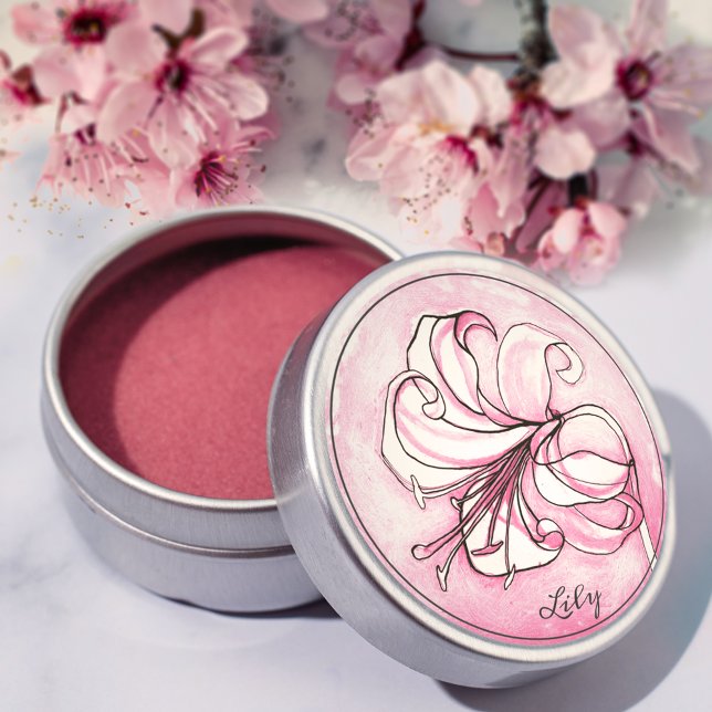     Elegant Pink Lily Watercolor Personalised Name Classic Round Sticker (Creator Uploaded)