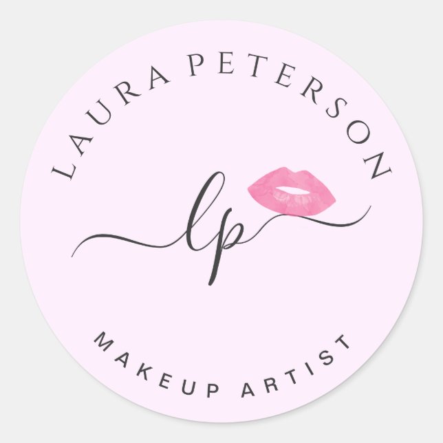 Elegant pink lips handwritten script calligraphy classic round sticker (Front)