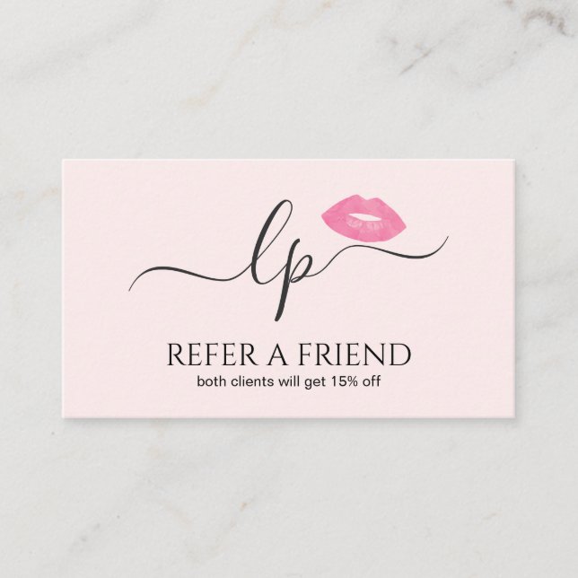 Elegant pink lips handwritten script calligraphy referral card (Front)