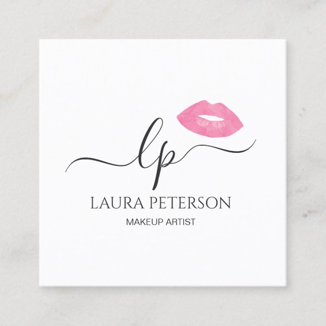 Elegant pink lips handwritten script calligraphy square business card (Front)