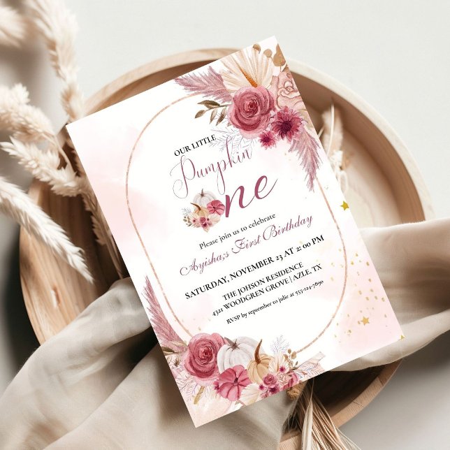 Elegant Pink Little Pumpkin Girl 1st Birthday Invitation (Creator Uploaded)