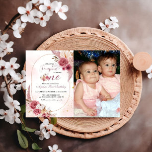 Elegant Pink Little Pumpkin Twin Girl 1st Birthday Invitation