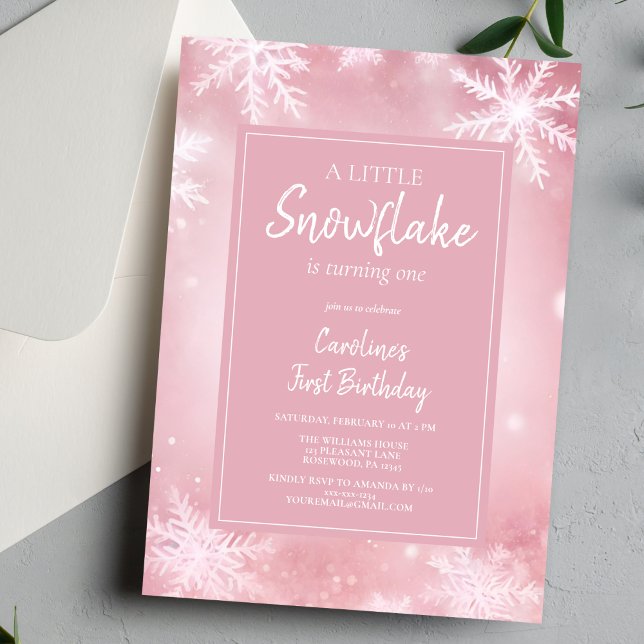 Elegant Pink Little Snowflake Girl First Birthday Invitation (Creator Uploaded)