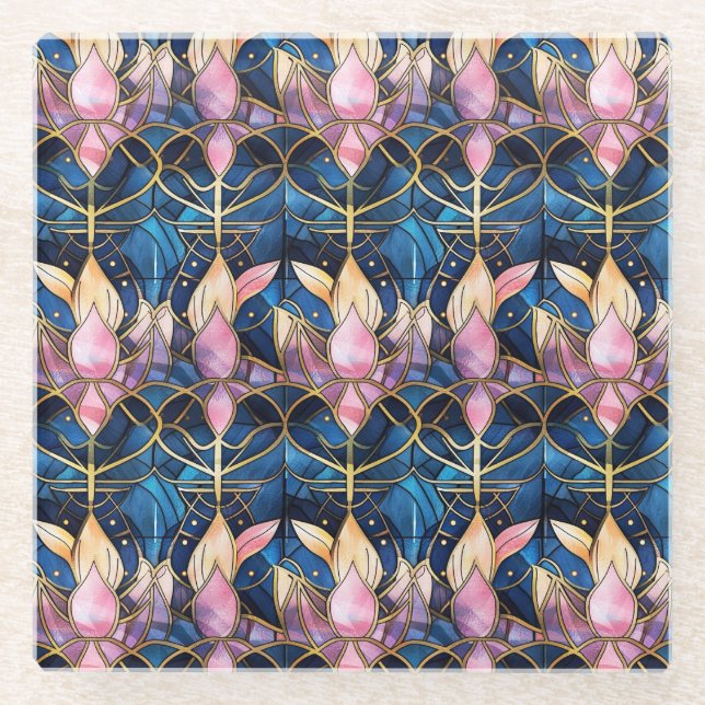 Elegant Pink Lotus Faux Stained Glass Pattern Coaster (Front)