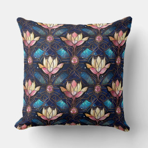 Elegant Pink Lotus Faux Stained Glass Pattern Cushion