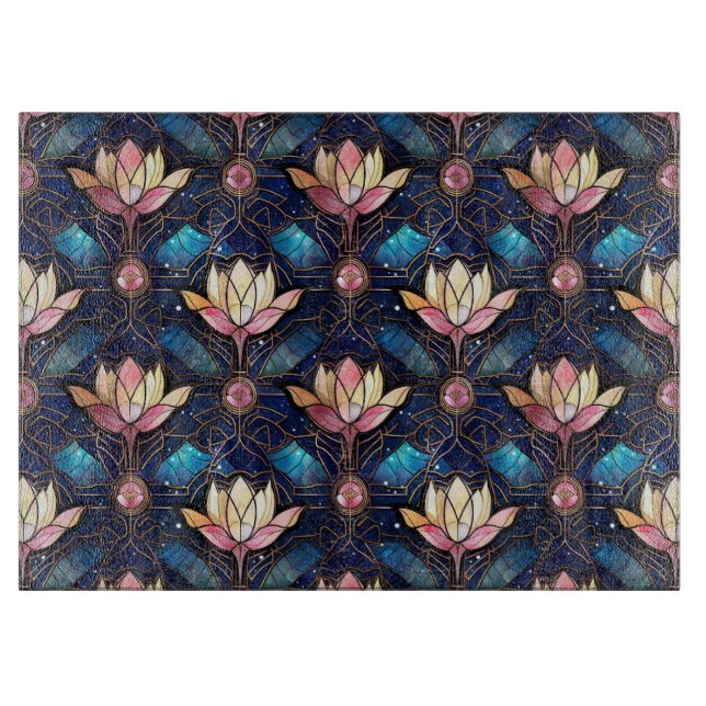 Elegant Pink Lotus Faux Stained Glass Pattern Cutting Board (Front)