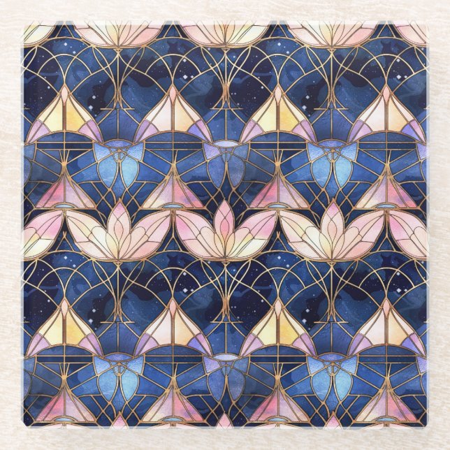 Elegant Pink Lotus Faux Stained Glass Pattern Glass Coaster (Front)