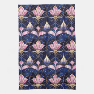 Elegant Pink Lotus Faux Stained Glass Pattern Tea Towel