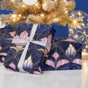 Elegant Pink Lotus Faux Stained Glass Pattern Wrapping Paper