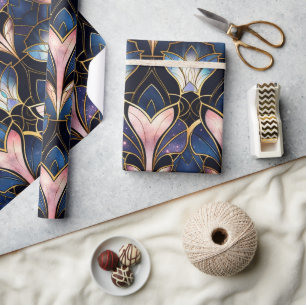 Elegant Pink Lotus Faux Stained Glass Pattern Wrapping Paper