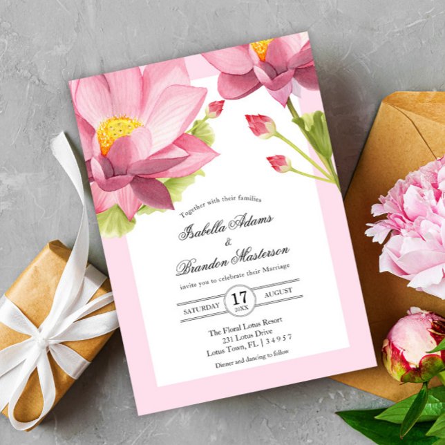 Elegant Pink Lotus Floral Wedding Invitation (Creator Uploaded)
