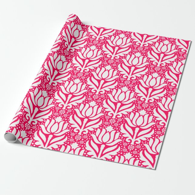 Elegant Pink Lotus Flower Damask Pattern  Wrapping Paper (Unrolled)
