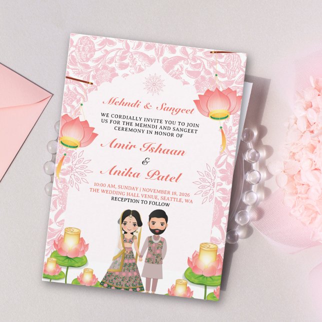 Elegant Pink Lotus Lanterns Mehndi Sangeet Indian Invitation (Creator Uploaded)