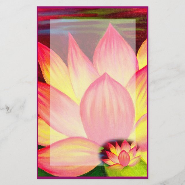 Elegant Pink Lotus Water Lily Floral Stationery (Front)