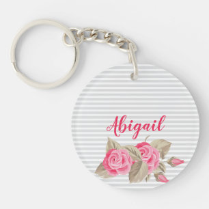 Elegant Pink Lovely & Roses Striped Pattern Key Ring