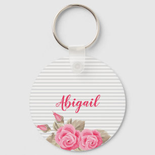 Elegant Pink Lovely & Roses Striped Pattern Key Ring