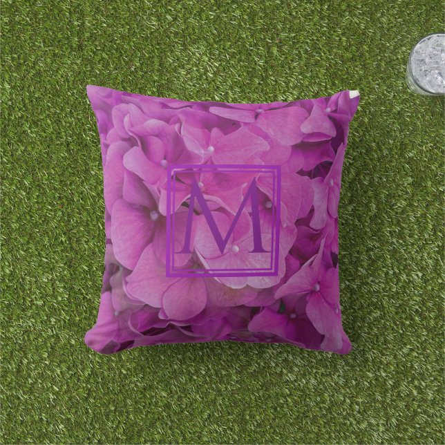 Elegant pink magenta floral hydrangeas monogram cushion (Grass)