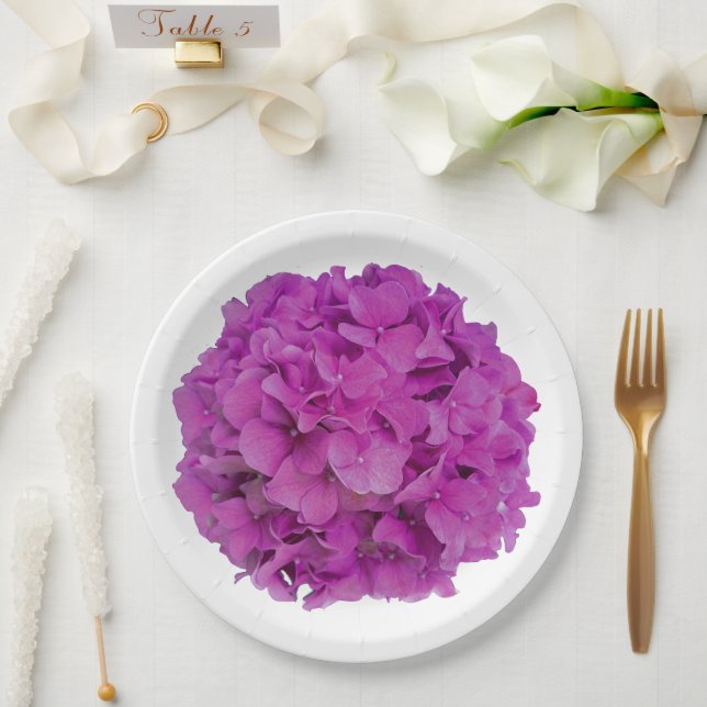 Elegant pink magenta floral hydrangeas roses  paper plate (Wedding)