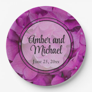 Elegant pink magenta floral hydrangeas roses  paper plate